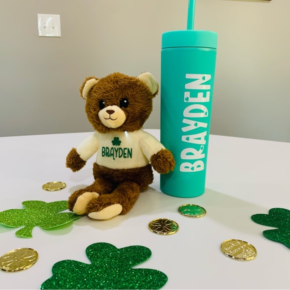 Personalized St. Patrick’s Day Straw cup  and teddy bear - Picture 1 of 2